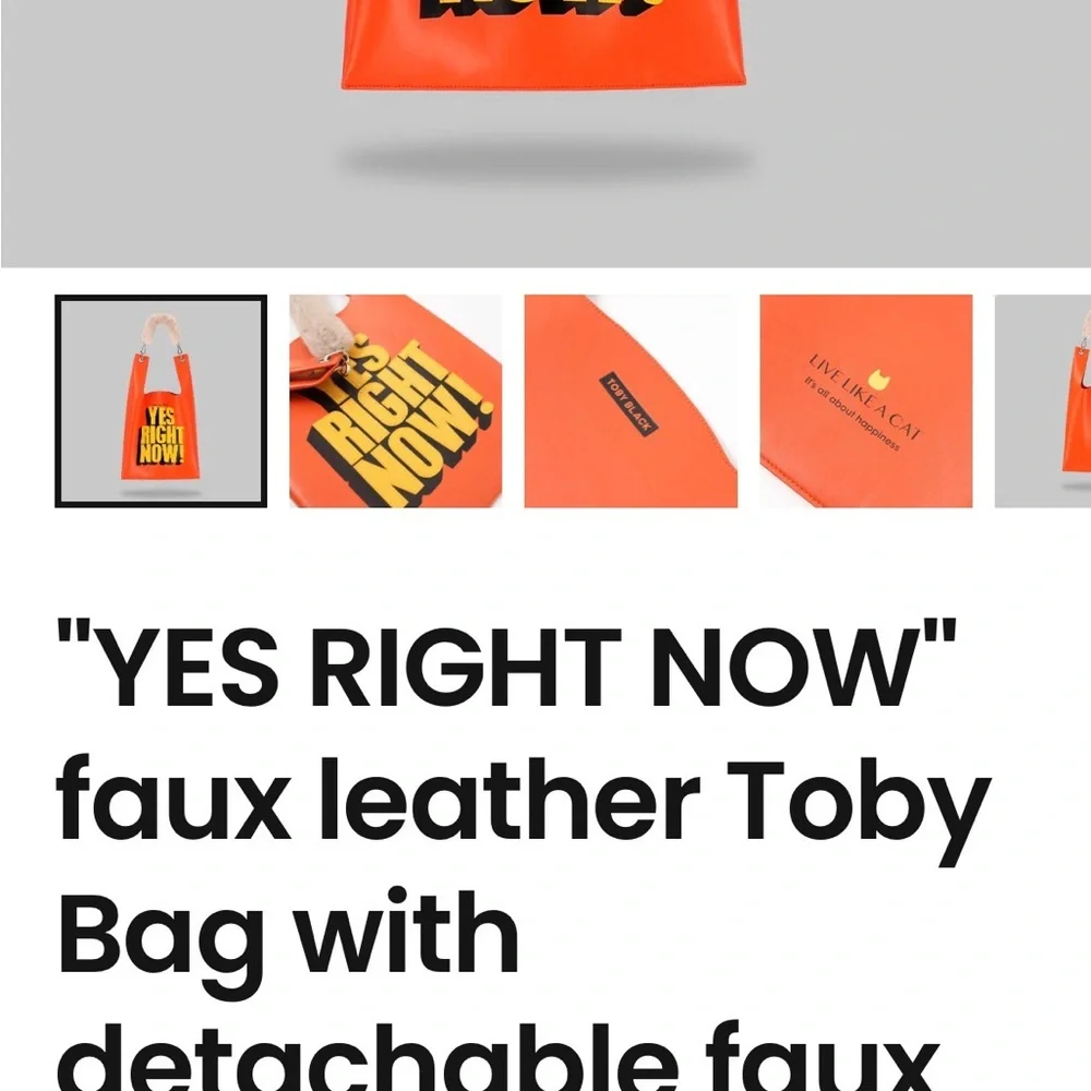 "YES RIGHT NOW!" By Tory Black faux leather Tote Bag with detachable faux - Picture 3 of 3